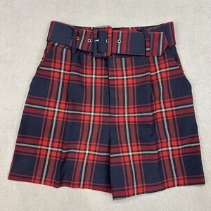 Zara‎ Belted High Waisted Shorts Womens XS Navy Red Plaid Schoolgirl Academia